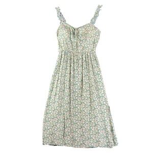 AUW Women's XL Green Floral Smocked Tie-Front Ruffle Strap Midi Dress Boho